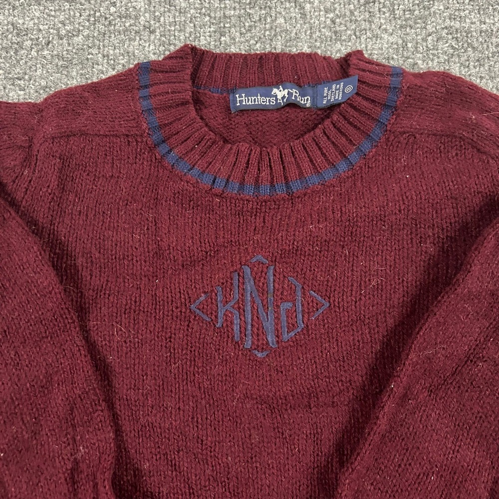 Hunters Run Sweater Womens S Burgundy Shetland Wool Monogram Crewneck Preppy